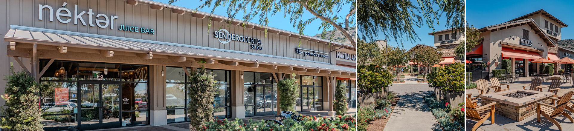 Exterior view of a shopping center featuring Nékter Juice Bar, Sendero Animal Hospital